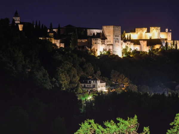 a castle lit up at night